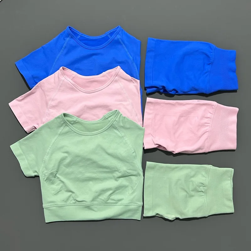 2 قطعة النساء تجريب مجموعات ضئيلة قصيرة الأكمام أعلى عالية الخصر طماق تشغيل تجريب الرياضة مجموعة الإناث اليوغا الرياضية