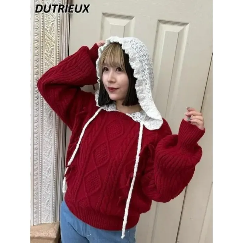 

Autumn and Winter New Pure Original Sweet Bow Crew Neck Knitted Pullover Cute Girl Versatile Diamond Long-sleeved Sweater