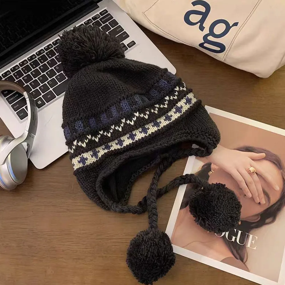 

Casual Knitted Ear Protection Hats Windproof Coldproof Balaclava Bib EarCaps Warm Thickened Skullies Hat for Outdoor Ski