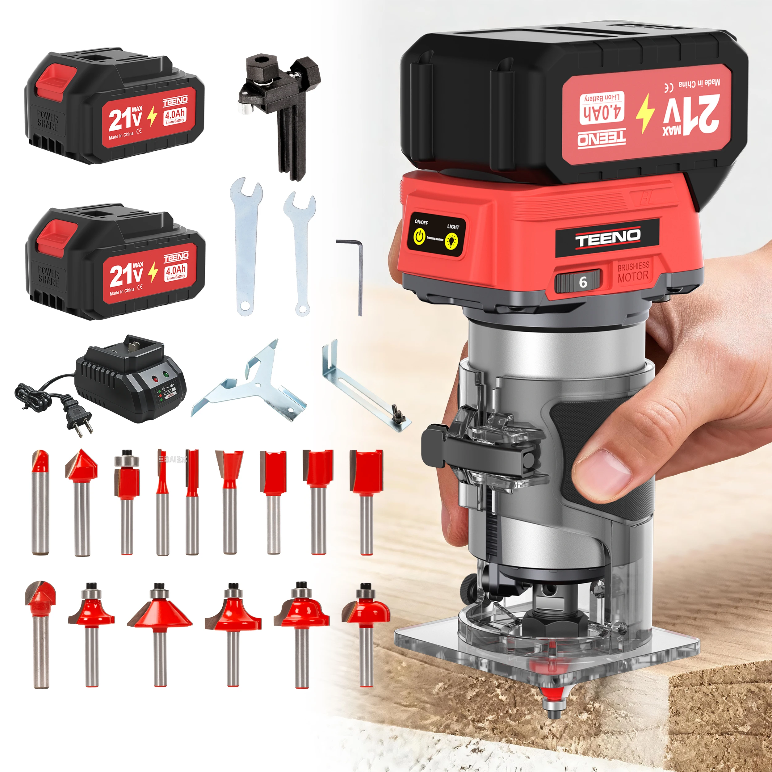 Raboteuse à bois sans fil 20 V, mini-réducteur portable avec 2 batteries 4,0 Ah et un moteur sans balais, 6 vitesses variables jusqu'à 35 000 tr/min, livrée avec un guide de bord et un guide à rouleau