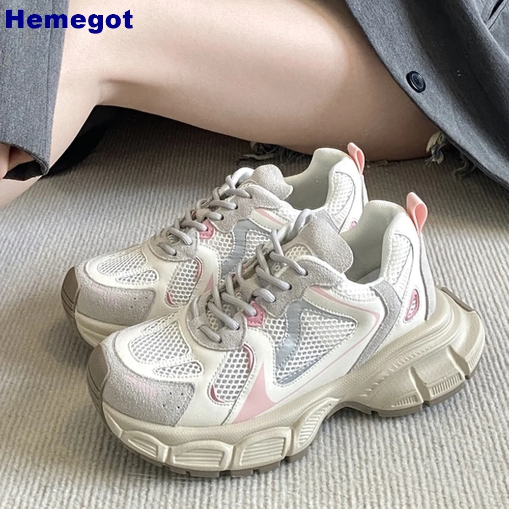 Air Mesh Round Toe Sneakers Thick Sole Mixed Color Comfort Lace Up Sports Casual Shoes 2024 Spring Fashion Women's Shoes