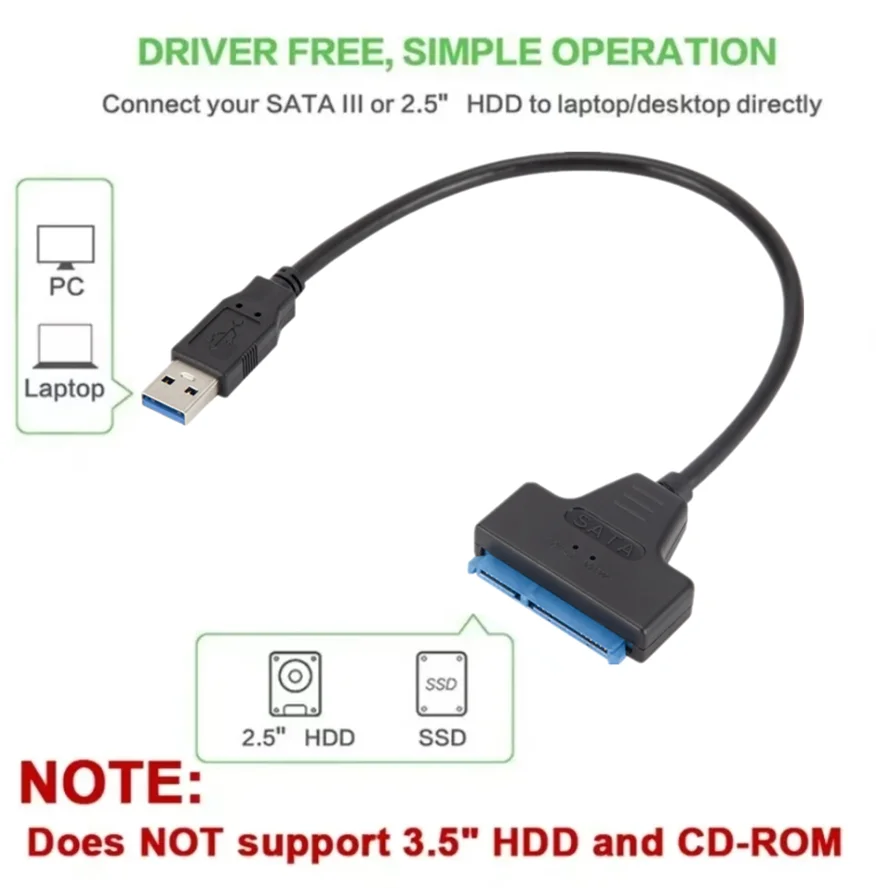 Kabel USB 3.0 2.0 SATA 3 Adapter Sata na USB 3.0 do 6 Gb/s Obsługa 2,5-calowego zewnętrznego dysku twardego HDD SSD 22-pinowy kabel Sata III