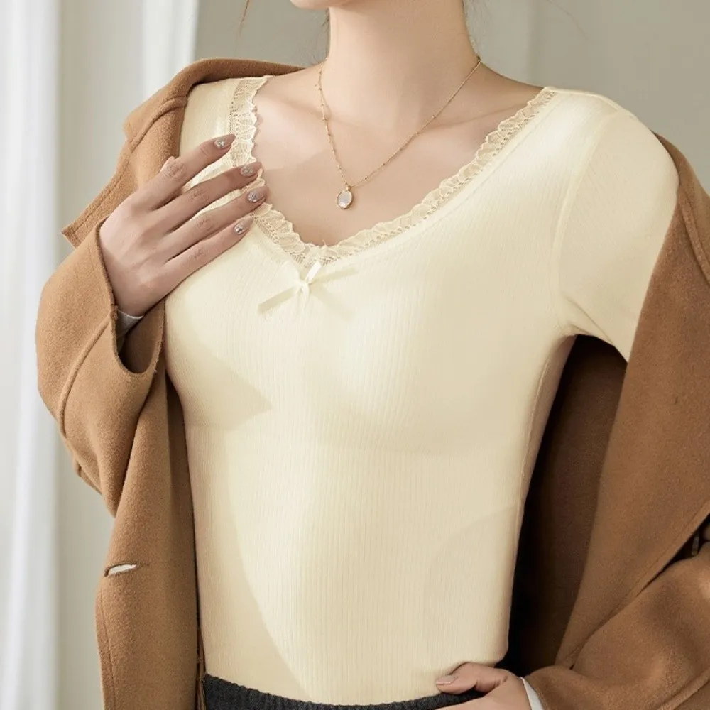 Keep Warm Lace Women Wool Thermal Clothes Invisible Wool Fleece Thermal Underwear V Neck Feel Heating Warmth Long Tops Lady