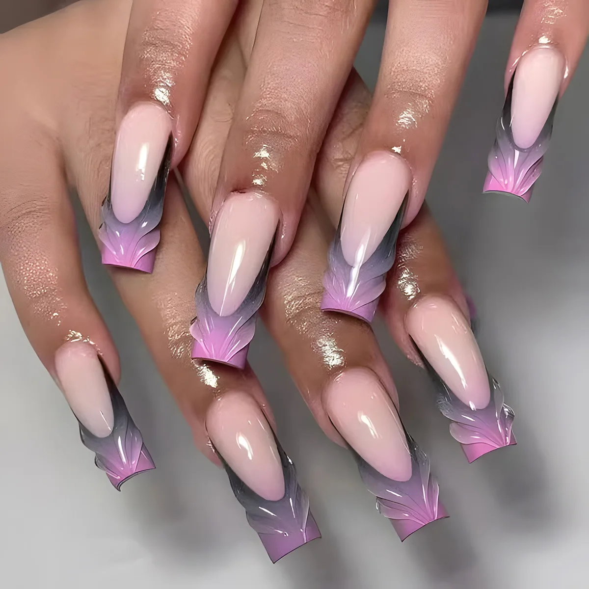 

24Pcs Long Square Head Press on Fake Nails Purple Gradient 3D Ripple French False Nails Simple Detachable Full Cover Nails Tips