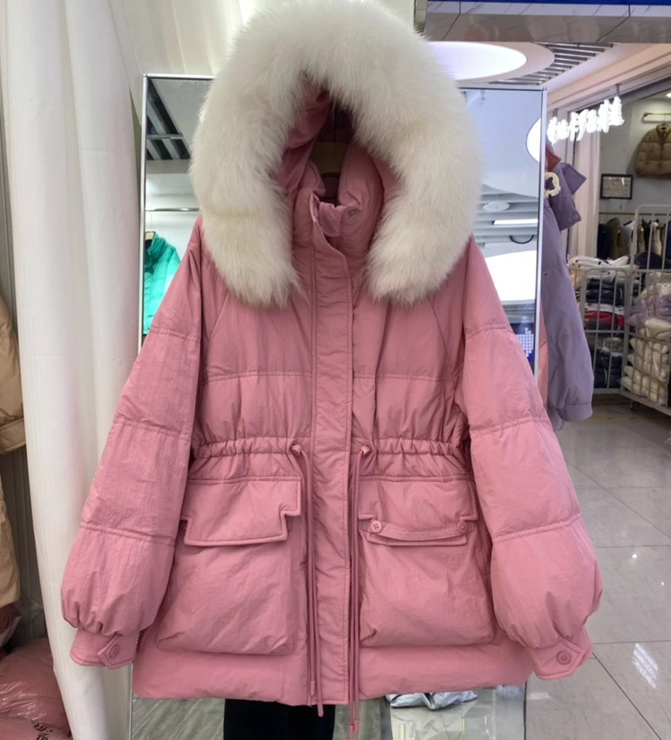 Женское пальто с меховым капюшоном, повседневное теплое пальто с высокой талией и воротником из белого утиного пуха зеленого и черного цветов для осени и зимы, 2023