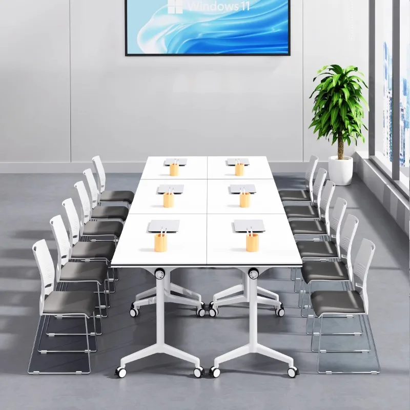 

Conference table can be spliced folding training table and chairs can be moved combination desk with wheels long table training