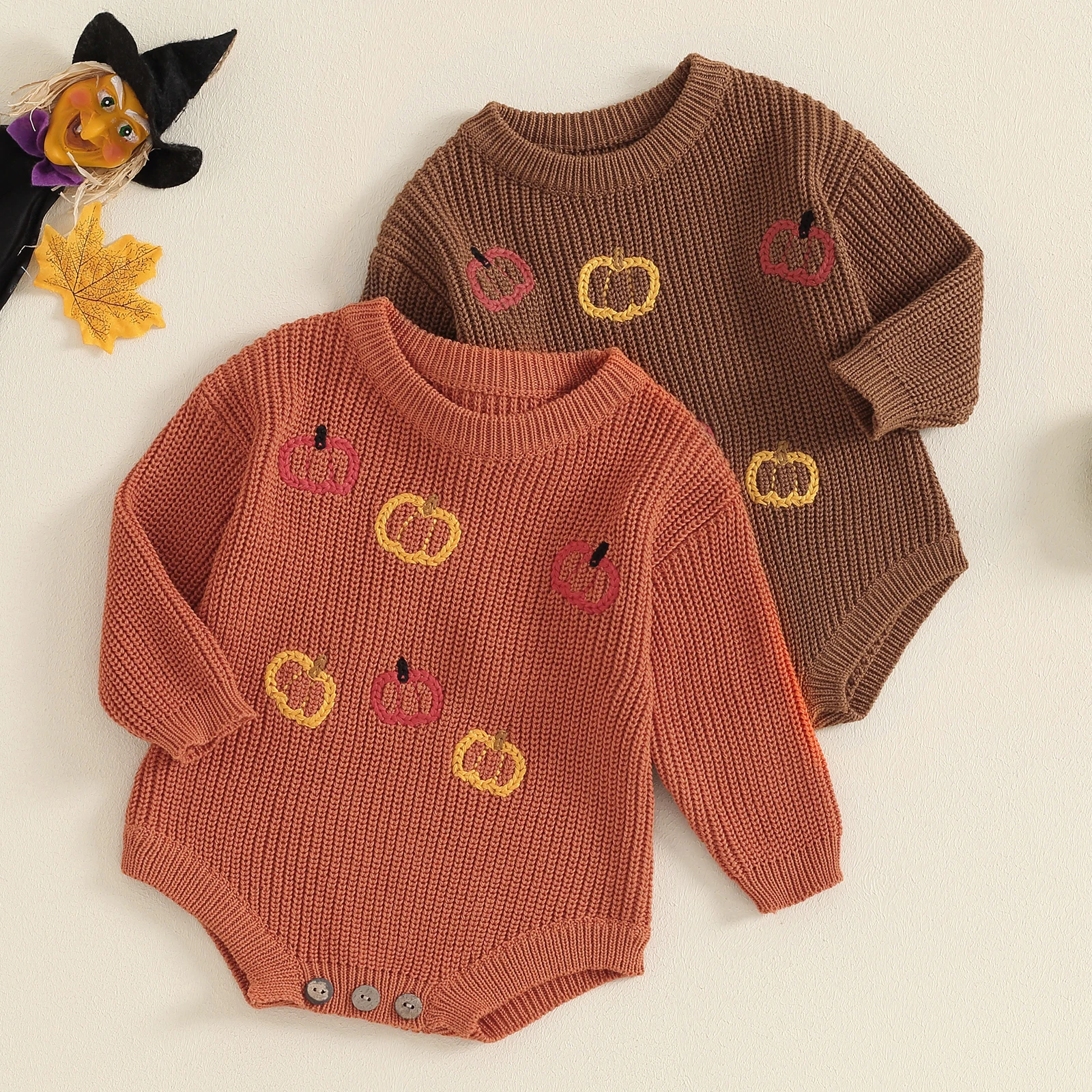 BeQeuewll Baby Boys Girls Rompers Halloween Kids Knitted Sweater Clothes Long Sleeve Letter Pumpkin Newborn Crochet Bodysuit