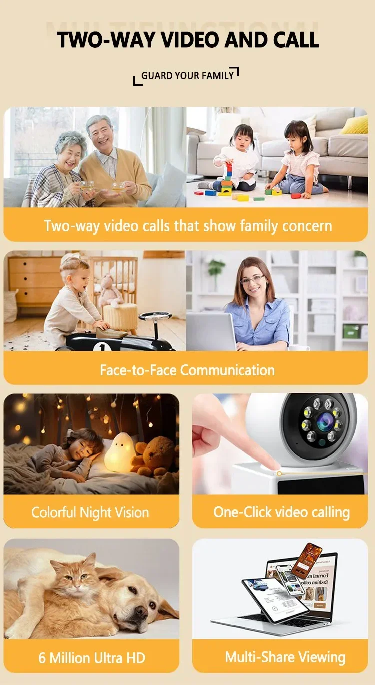 Smart Video Camera 2.4-inch 1080P 3MP One-button Two-way Intercom 360° PTZ Infrared Night Vision Home Monitoring Video Call