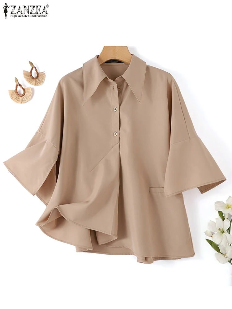 Fashion Asymmetrical Design Blouse ZANZEA Women Spring Shirt Casual Lapel Neck 3/4 Sleeve Loose Tops Solid Office Work Blusas