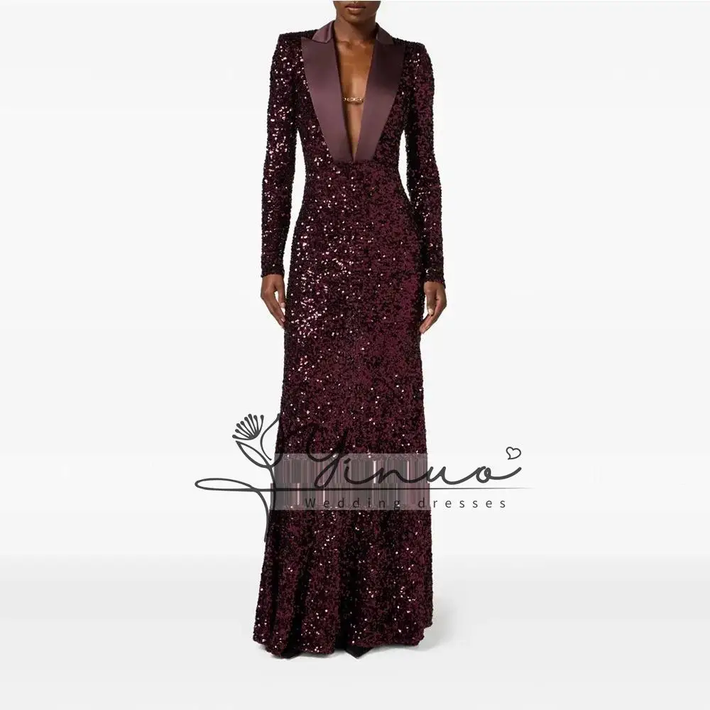 customized  Gliter Dark Burgundy Sequin Women's Evening Gown Sheath Saudi Dress V Neck Formal Party Dress Floor Length Prom Dres