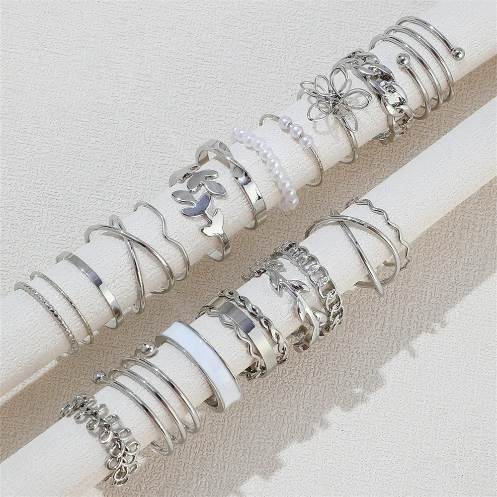 Silver Color Geometric Knuckle Ring Set For Women Artificial Pearl Simple Chain Finger Ring Female Bohemian Jewelry Accessories