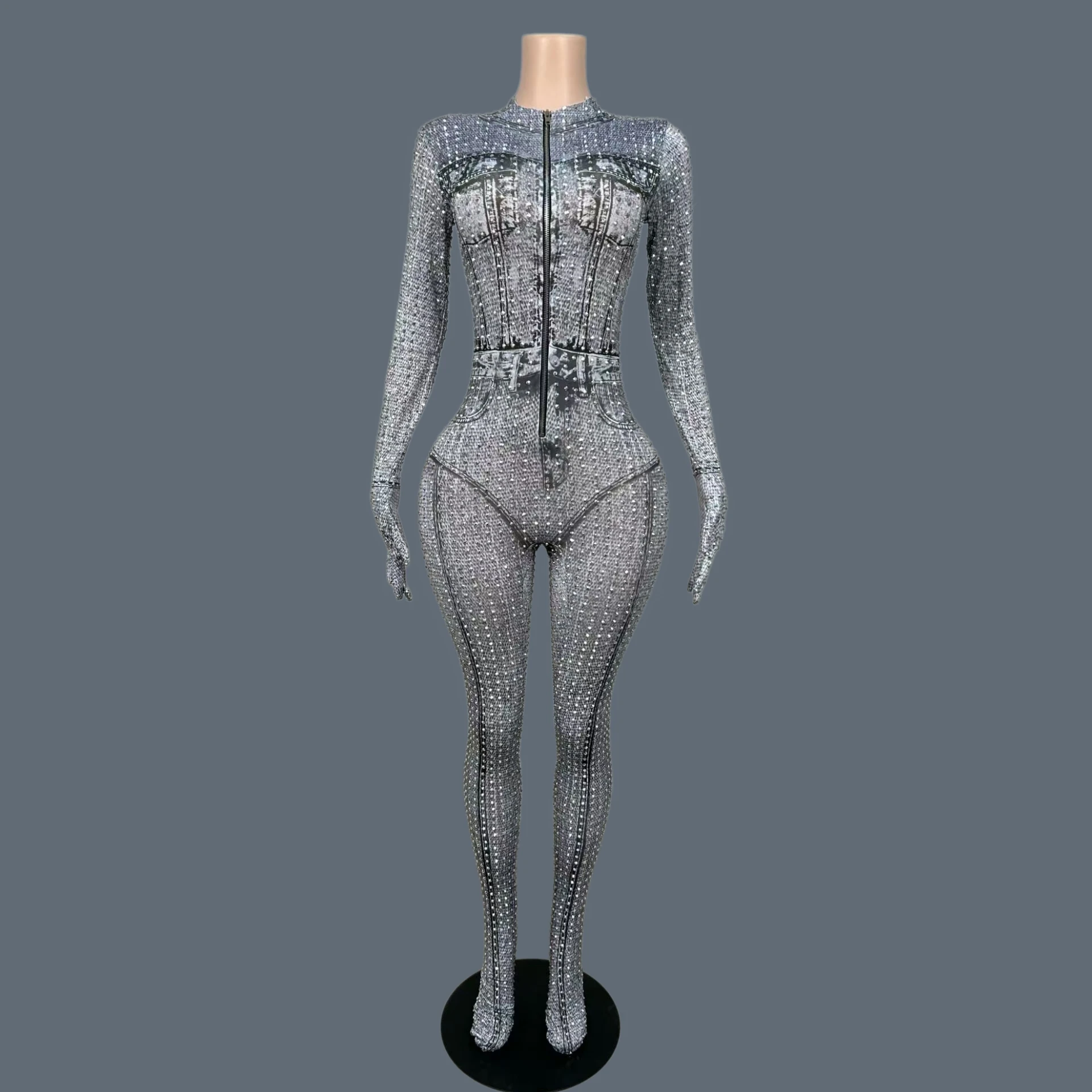 Sparkly Full Rhinestone Tight Fitting Jumpsuit Printing Sexy Birthday Celebrate Party Stage Drag Queen Performer Wear Xibuniuzai
