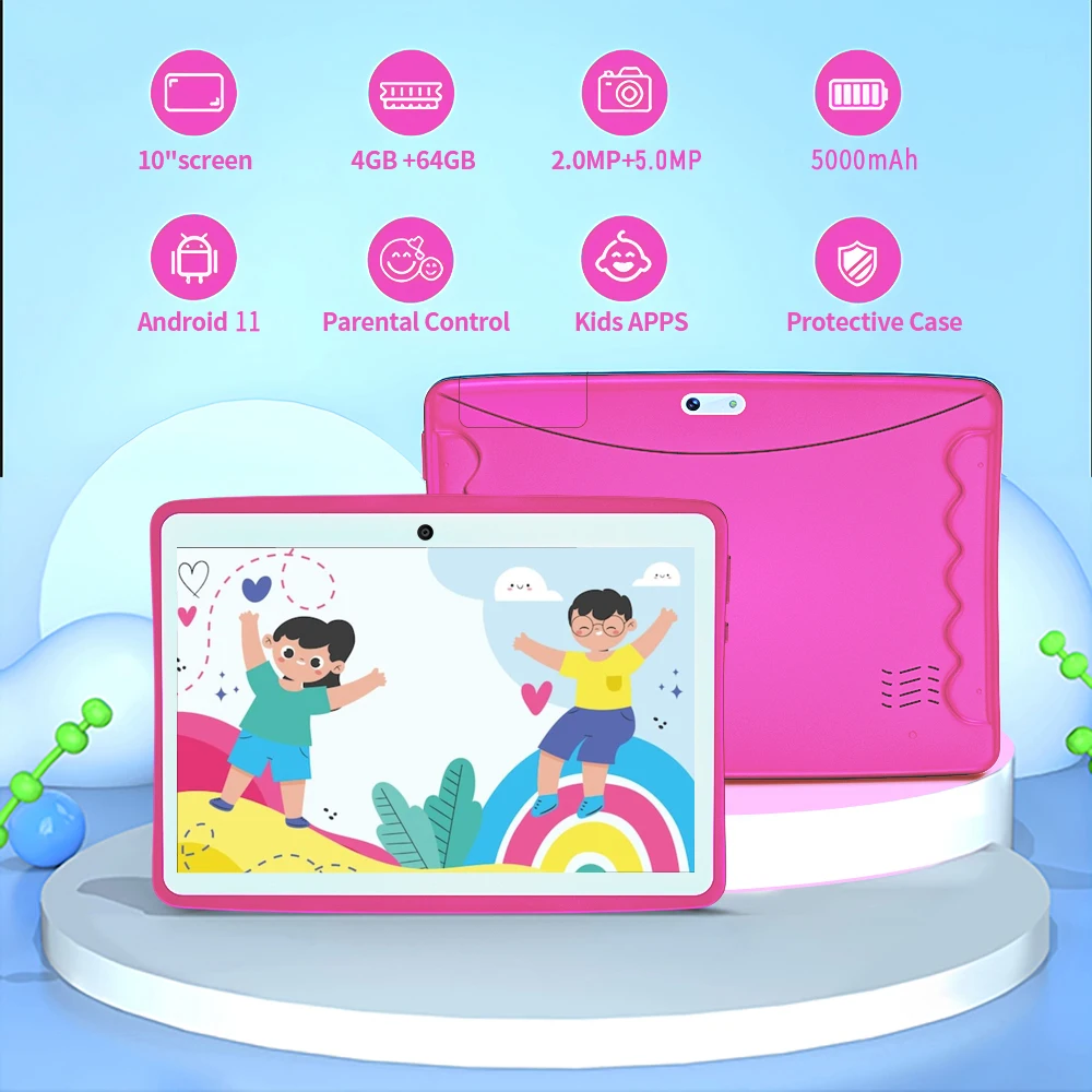 Sauenaneo 10.1인치 어린이용 태블릿 안드로이드 11 4+64GB 5000mAh, 5GWiFi 듀얼 카메라 블루투스 유아용 태블릿