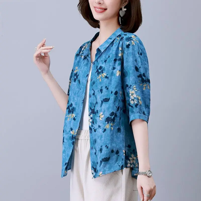 Women Summer Chinese Style Fashion Loose Printing Polo-Neck Short Sleeve Shirts Women Clothes Casual All-match Appear Thin Tops