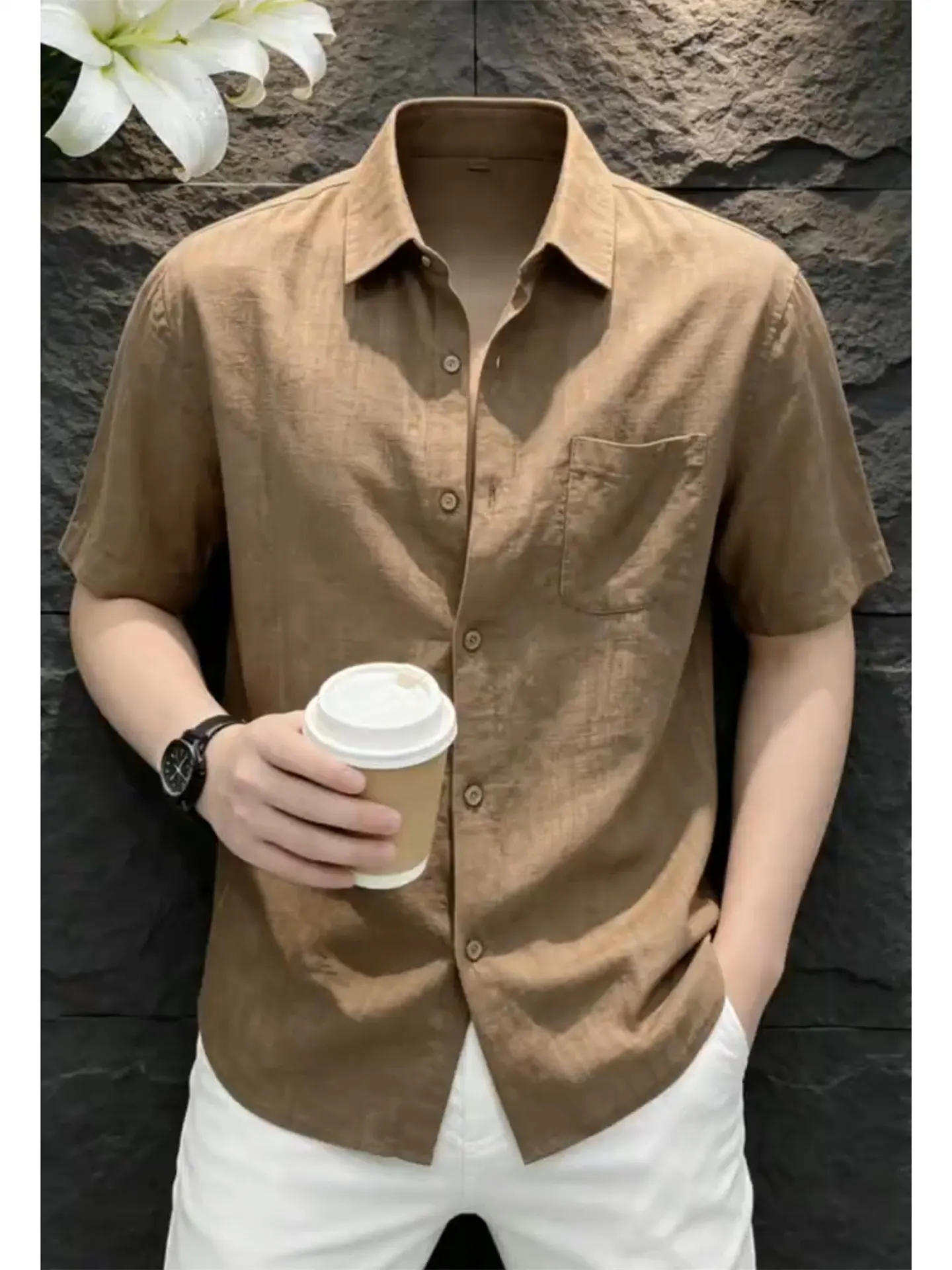 Lightly Matured Men's Short Sleeve Shirt in Coffee Color Loose Fit Casual Style Simulated Linen Material Breathable And Comfo...