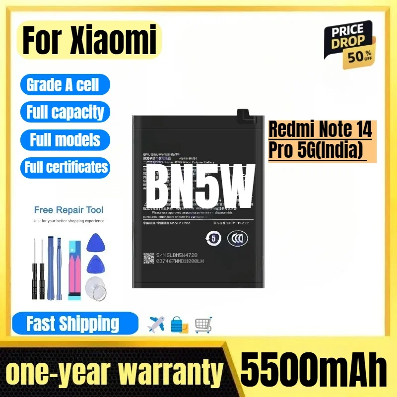 BN5W for Xiaomi Redmi Note 14 Pro 5G(India) Phone Battery High Quality High Capacity Replacement Bateria Grade A Cell with Tools