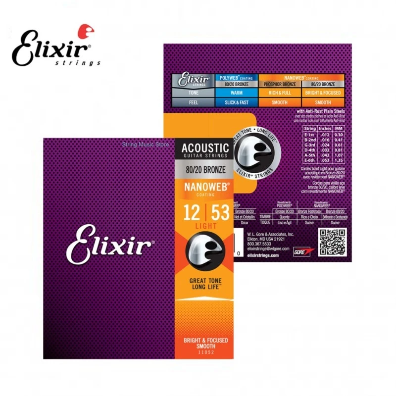 1/3 Set Elixir Acoustic Guitar Strings For Electric Play Popular Music Rock 80/20 Bronze Nickel 16052 16027 Guitar Accessory