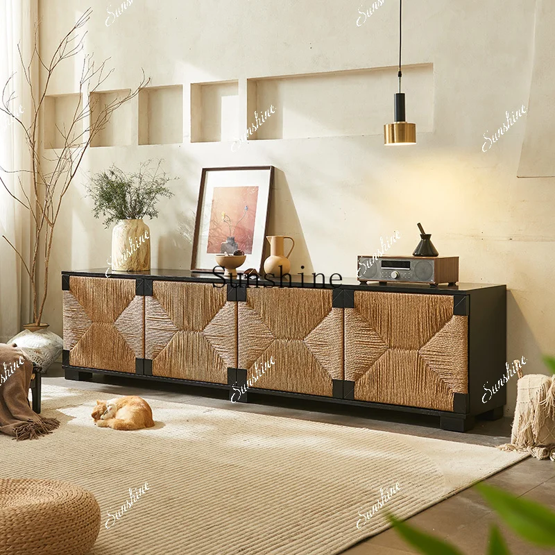 Craftsman medieval wabi-sabi wind solid wood meal side hand-woven rattan entrance Nordic style simple locker  FT