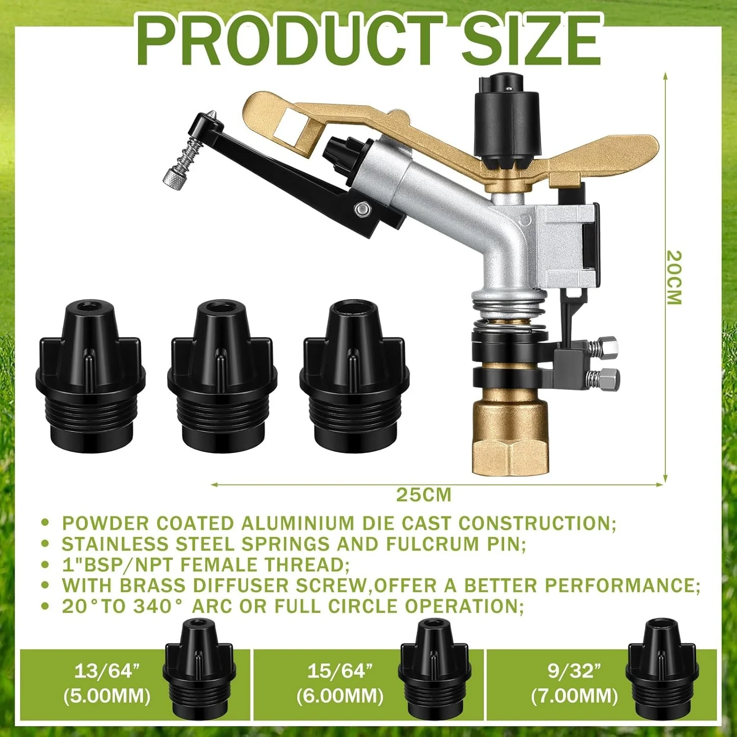 Impact Sprinkler Nozzle Set Aluminum Stainless Steel 360 Adjustable Large Area Irrigation for Garden Lawn (1
