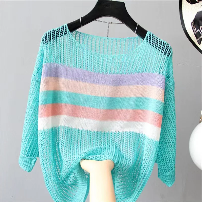 Women\'s Short Sleeve Knitted Pullover, Korean Popular Clothes, Sexy T-Shirt, Hollow Color, Round Top, Summer Vacation