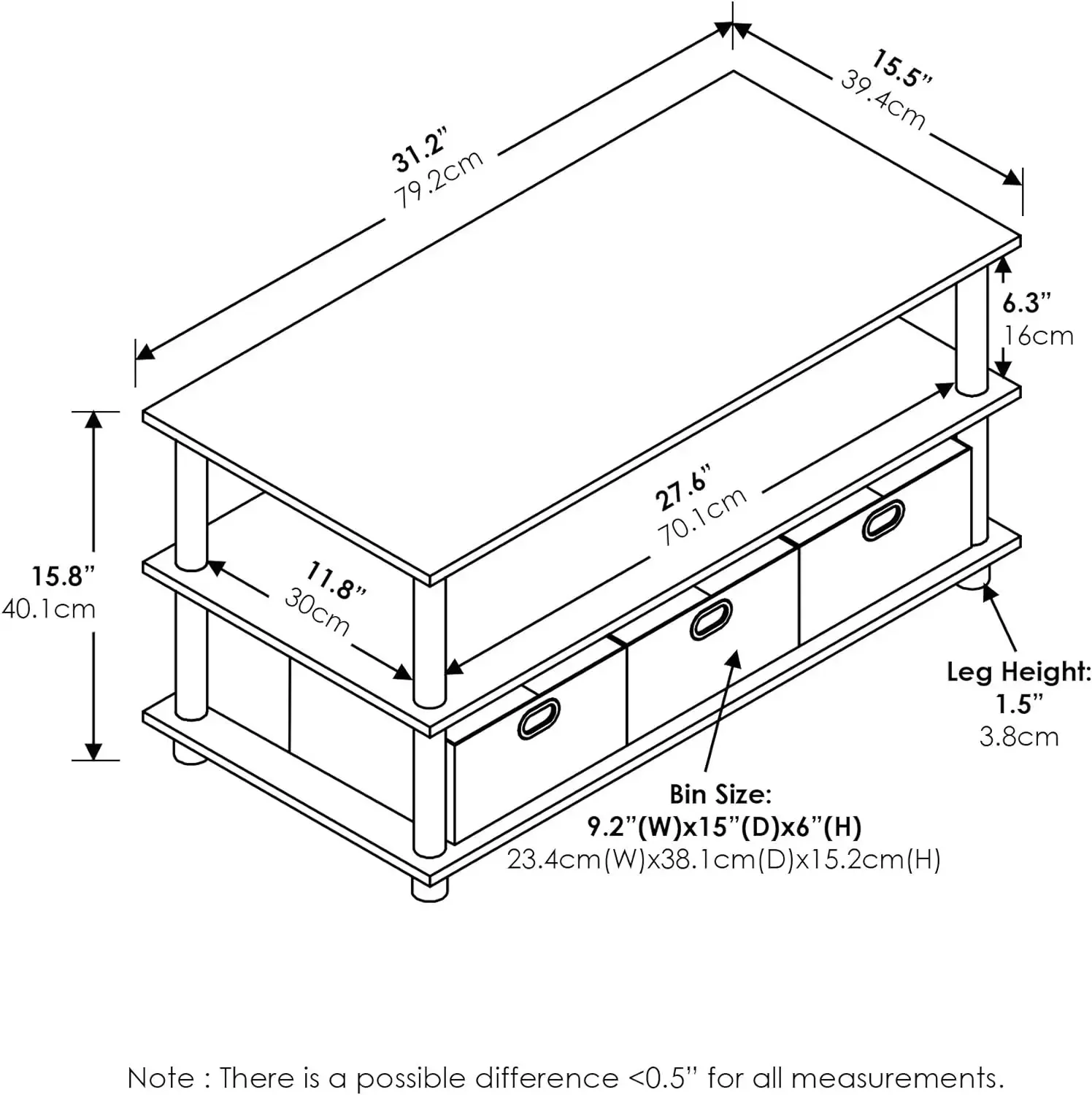 FURINNO Turn-N-Tube Coffee Table, 31.22D x 15.5W x 15.8H in, French Oak Grey/Black/Black