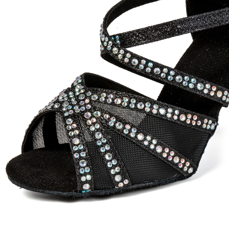 Sepatu Dansa Latin 2025 Sepatu Dansa Bersol Lembut Bertabur Berlian Hitam 7.5Cm Hak Sedang Wanita Dewasa Baru