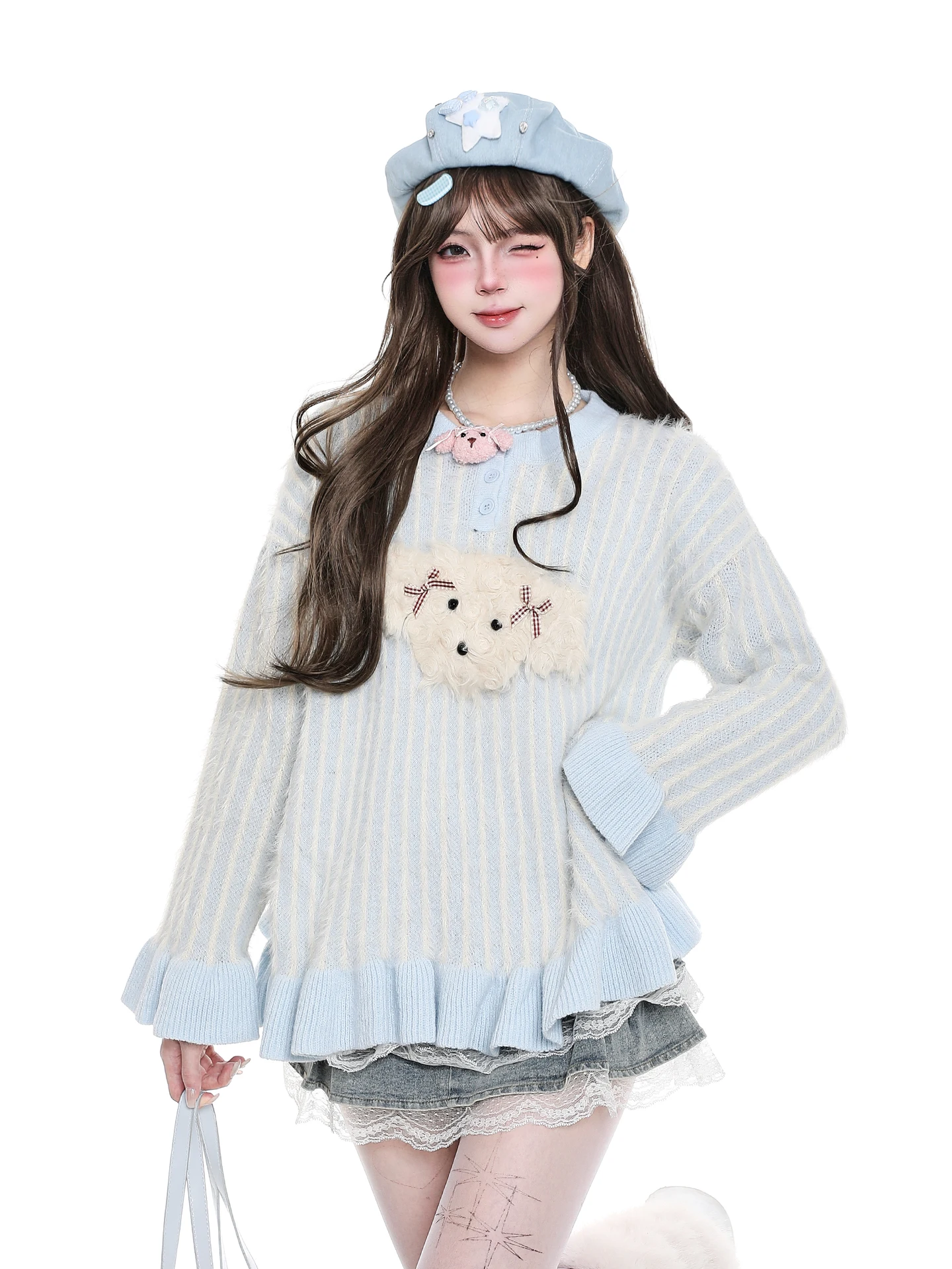 Korean Design Dog Embroidery Striped Sweater Women's Lazy High-End Loose Casual Knitted Shirt Sweet Style Autumn Warmth