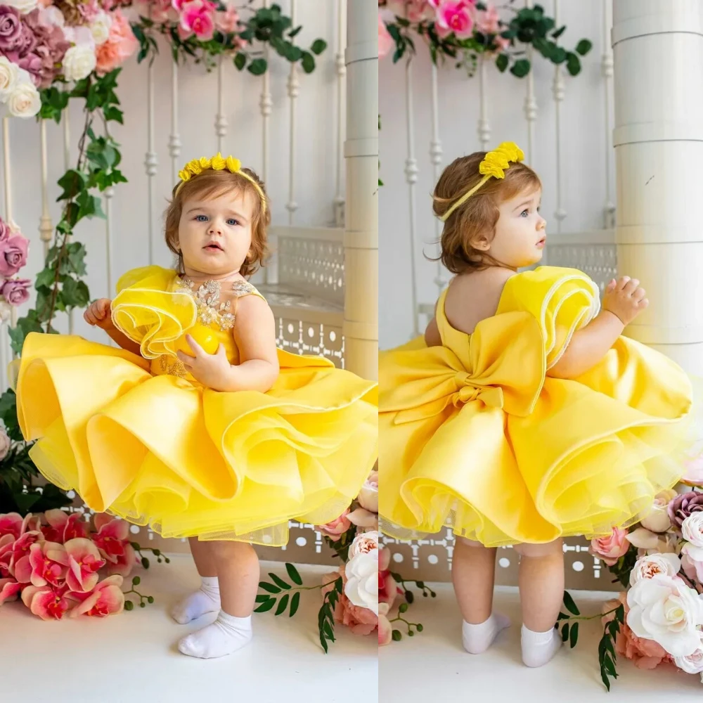 Lovely Yellow Flower Girl Dress Baby First Communion Gowns Wedding Thin Length Bow Belt Kids Birthday Gift Ball Party Clothing