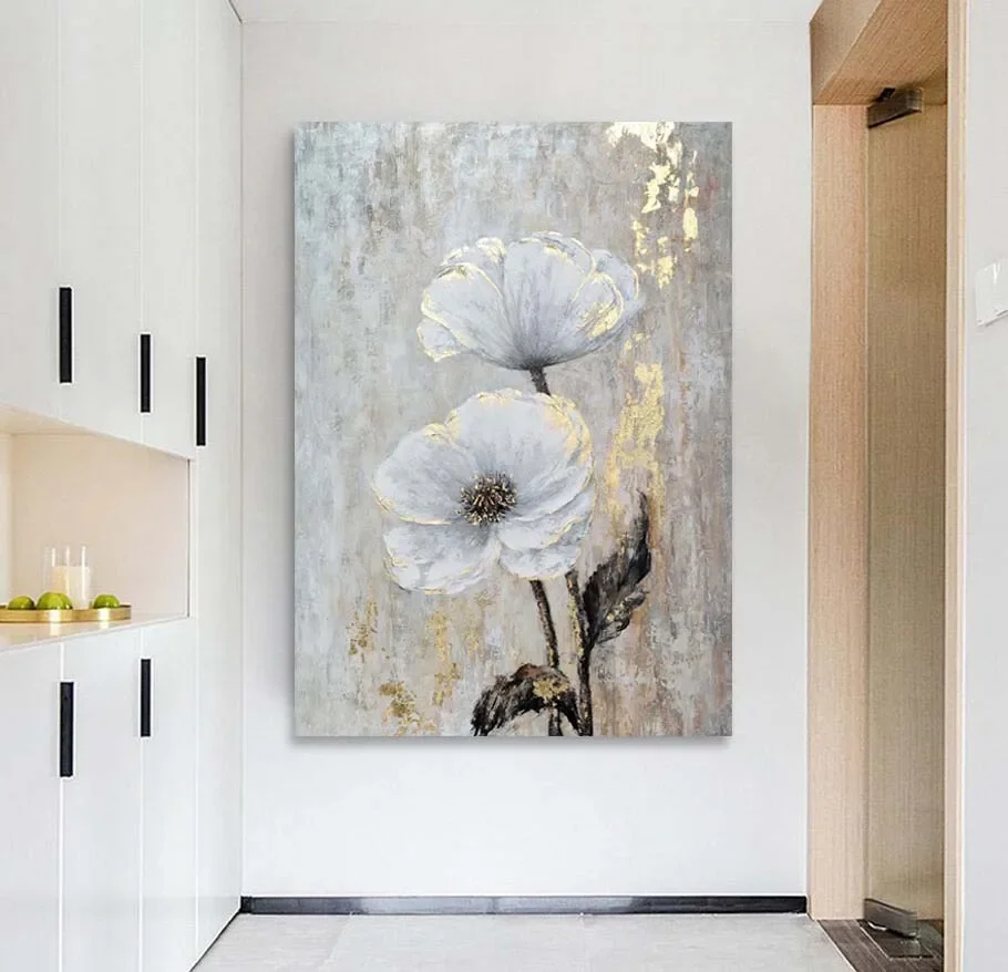 

Modern large Canvas Gold Line Art Wall Decor Flower Foil Oil Painting Hand-painted Artwork