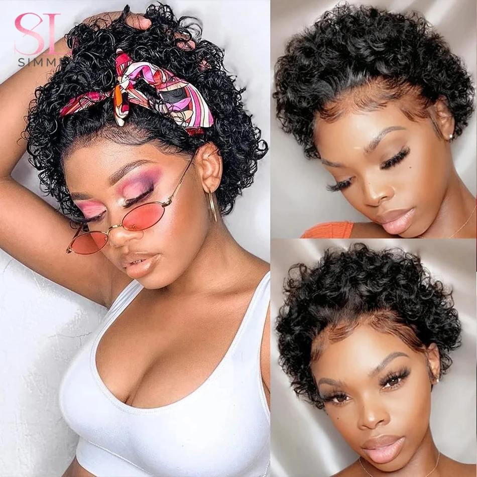 Short Wigs Human Hair Curly Human Hair Wigs Cheap Pixie Cut Wig 13X1 Transparent Lace Wig Preplucked Hairline Wigs For Women