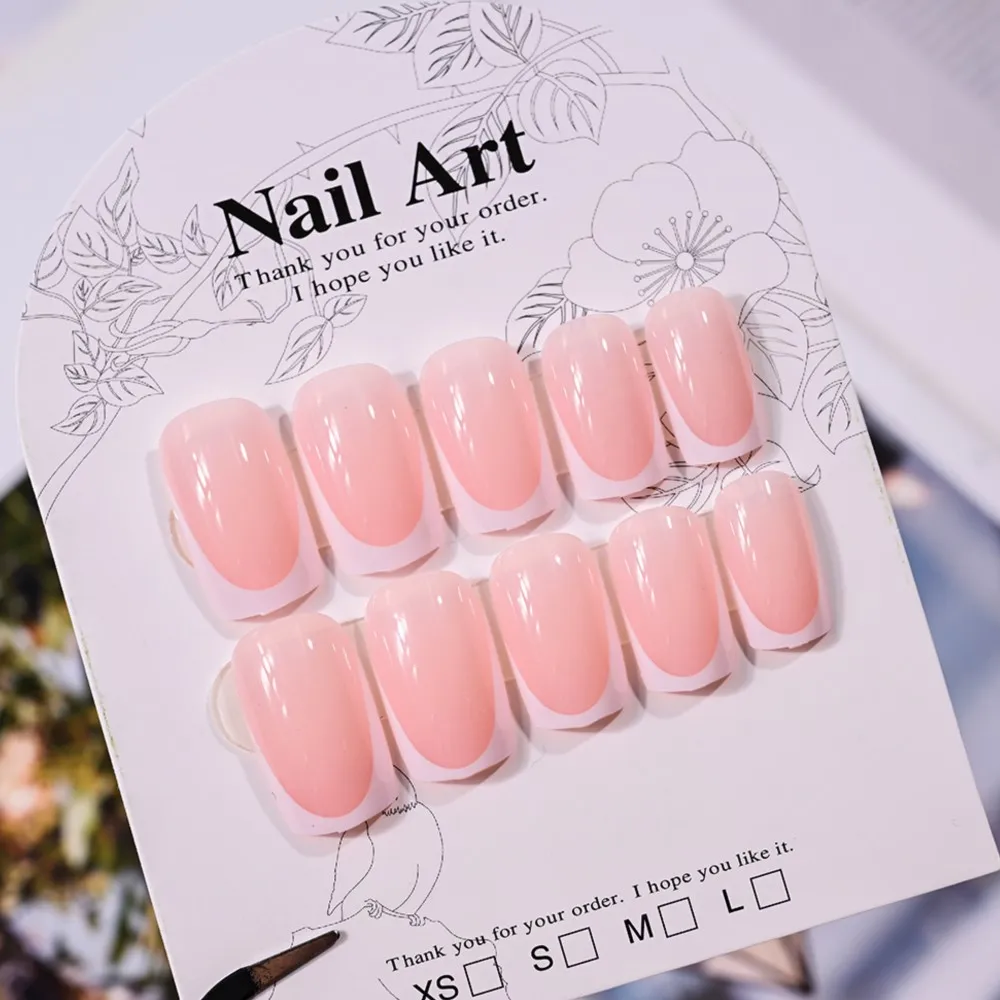 24pcs Pink Short Square French Tips Press On Nails Simple White Edge Wearable False Nails Y2K Soft Full Acrylic Tip Nail Supplie