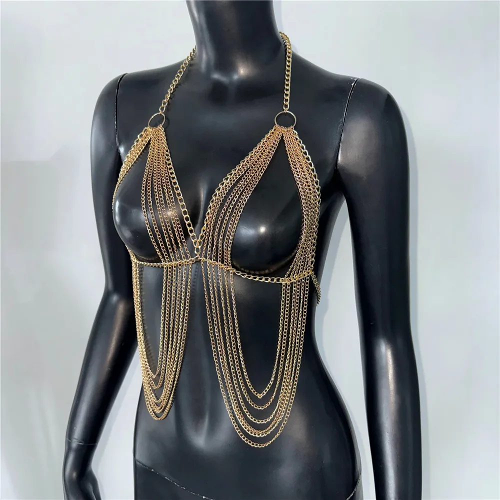 เสื้อครอปสายเดี่ยวซีทรูโชว์หลังเซ็กซี่ประดับโซ่โลหะและพู่สำหรับผู้หญิง เหมาะสำหรับงานเทศกาลดนตรีและงานเรฟ