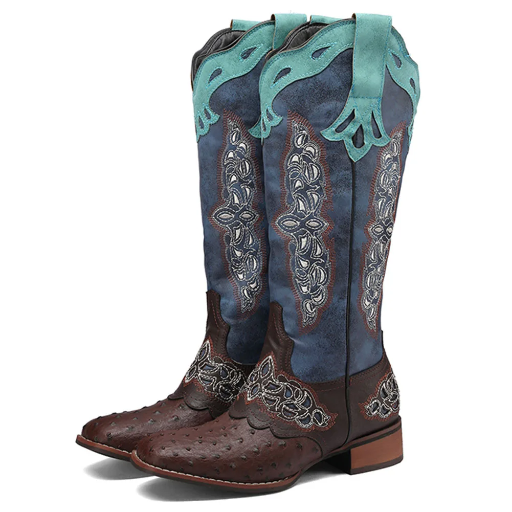 

AOSPHIRAYLIAN Western Cowboy Patchwork Sewing Floral Boots For Women 2023 Knee High Retro Cowgirl Riding Women's Shoes Boots
