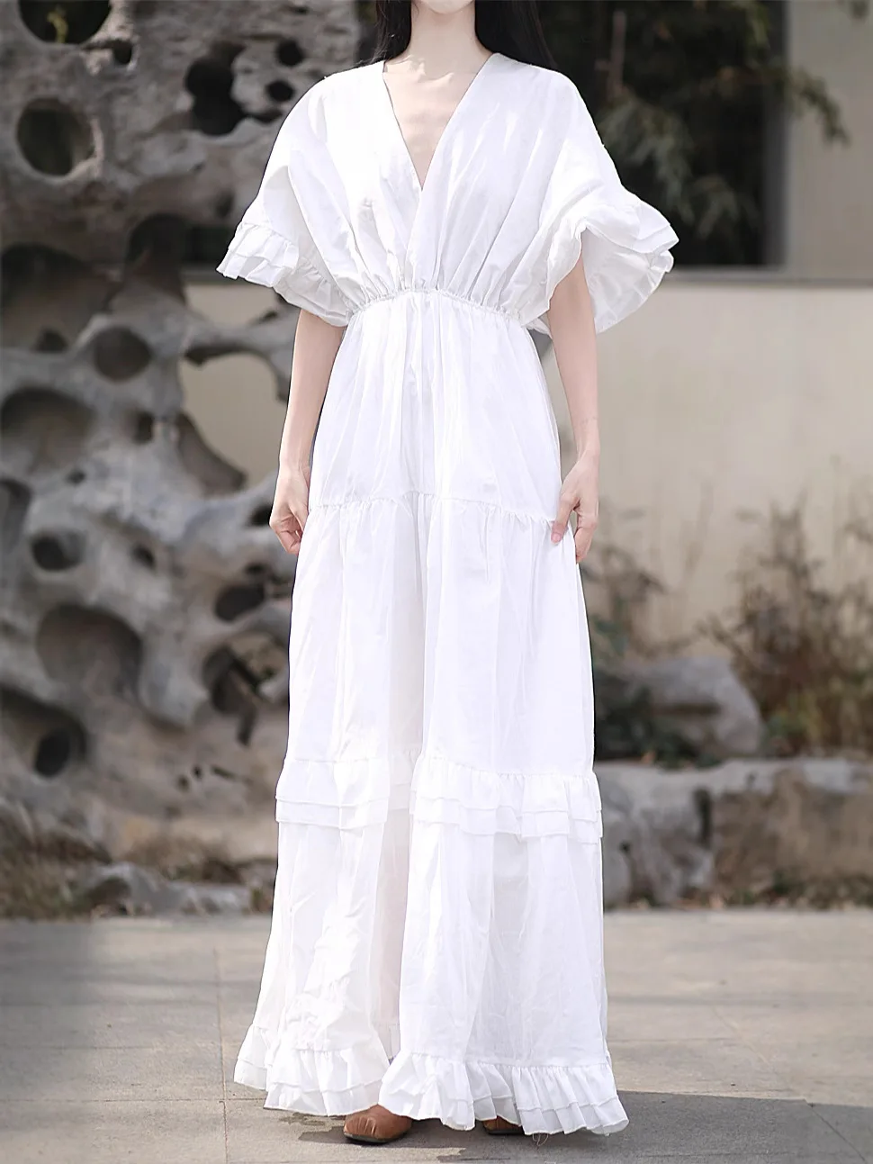 Tiyihailey verão com decote em v vestidos de algodão feminino manga curta alargamento branco longo maxi roupas femininas moda 2025 preto dupla camada