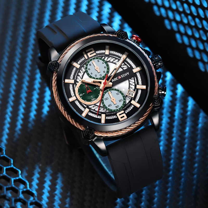 

Мужские часы, многофункциональные водонепроницаемые кварцевые часы с ночным светом, календарем и силиконовым ремешком.