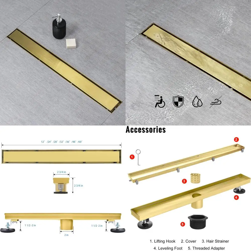 

Gold 24 Inch Linear Shower Drain with Tile Insert and Flat Panel, 2-in-1 Design, AISI 304 Stainless Steel, Long-Lasting Luxury B