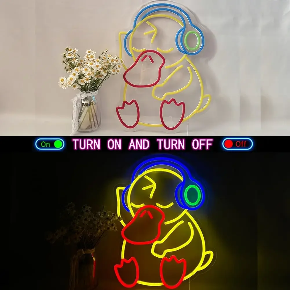 Duck Headphone Neon Sign Cute Music LED Wall Art Acrylic USB Powered Dimmable Light Funny Animal Decor for Bedroom Game Room