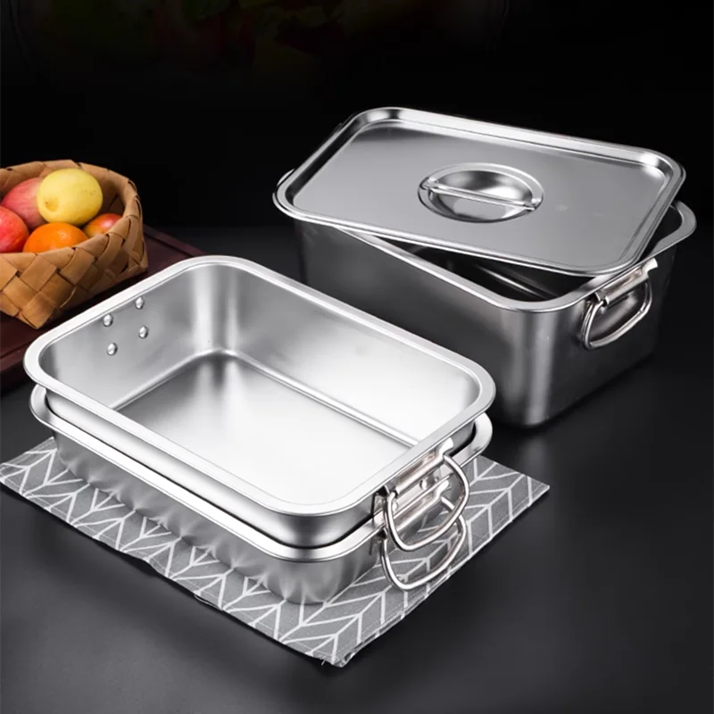 Thicken Stainless Steel Square Basin Deep Plate Fruit Food Storage Tray with Handle Cake Bread Loaf Pans Kitchen Baking Dish