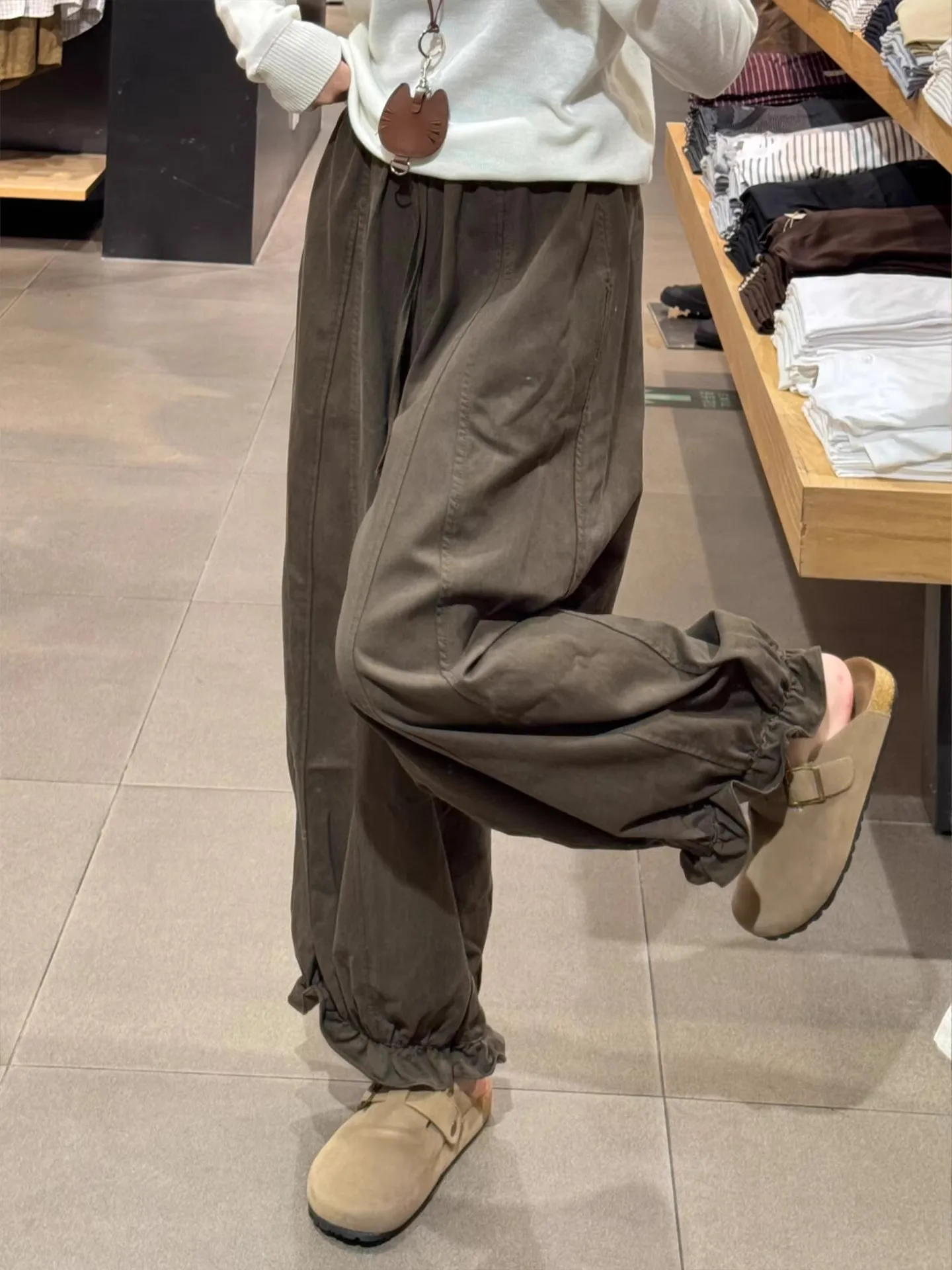 بنطال ذو قصة أرجل واسعة شريط مرن للمرأة الخريف ذات الطابقين منتظم صالح الجرونج المرقعة سروال قصير فحص محبوك سيدة النطاقات