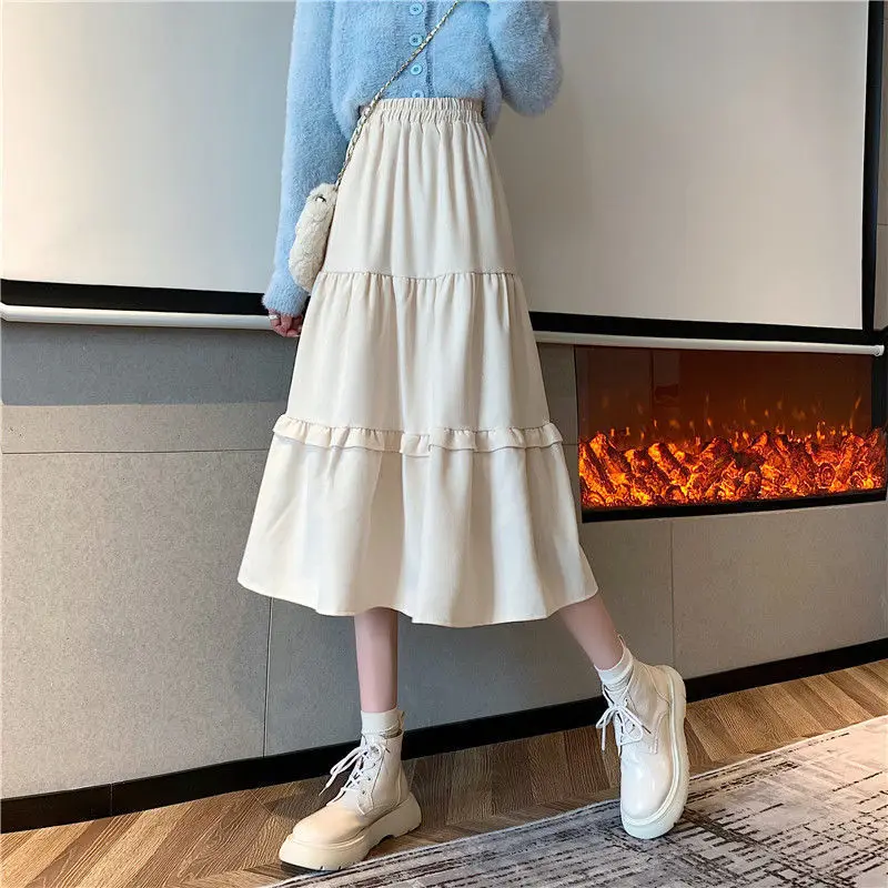 

Skirts Women Solid Elastic Waist Folds Design Leisure All-match Korean Style Student Simple Fashion Lovely Autumn Soft Daily New