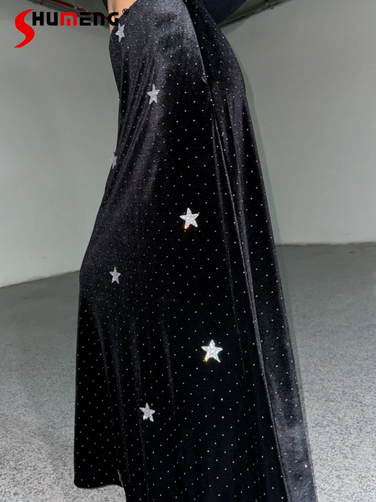 

Female Velvet Rhinestone Skirts Women's Bling Shiny 2024 Autumn and Winter Gorgeous Fishtail Long Skirt A-shaped Straight Skirts
