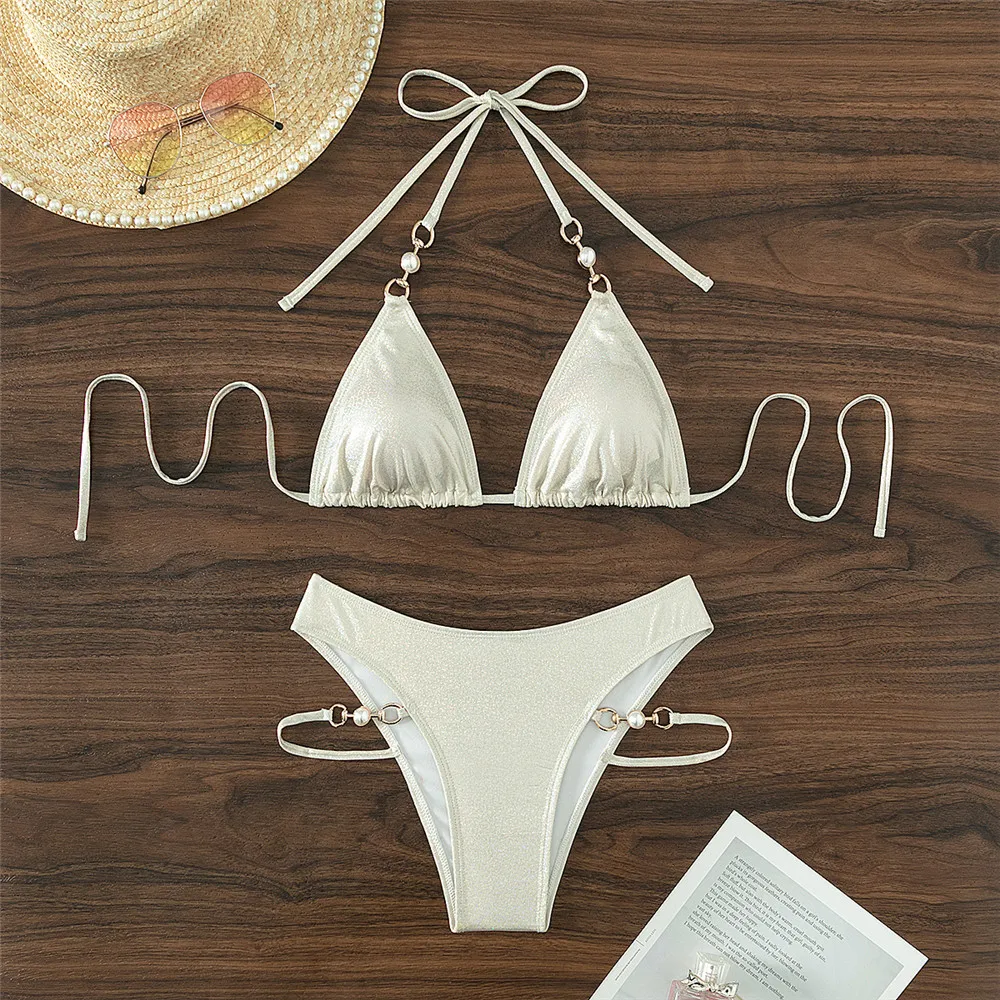 Bikinis Sets Sexy White Shiny Swimwear String Halter Triangle Bikini Mujer Swimsuit 2024 Women Beach Bathing Suit Biquinis Swim