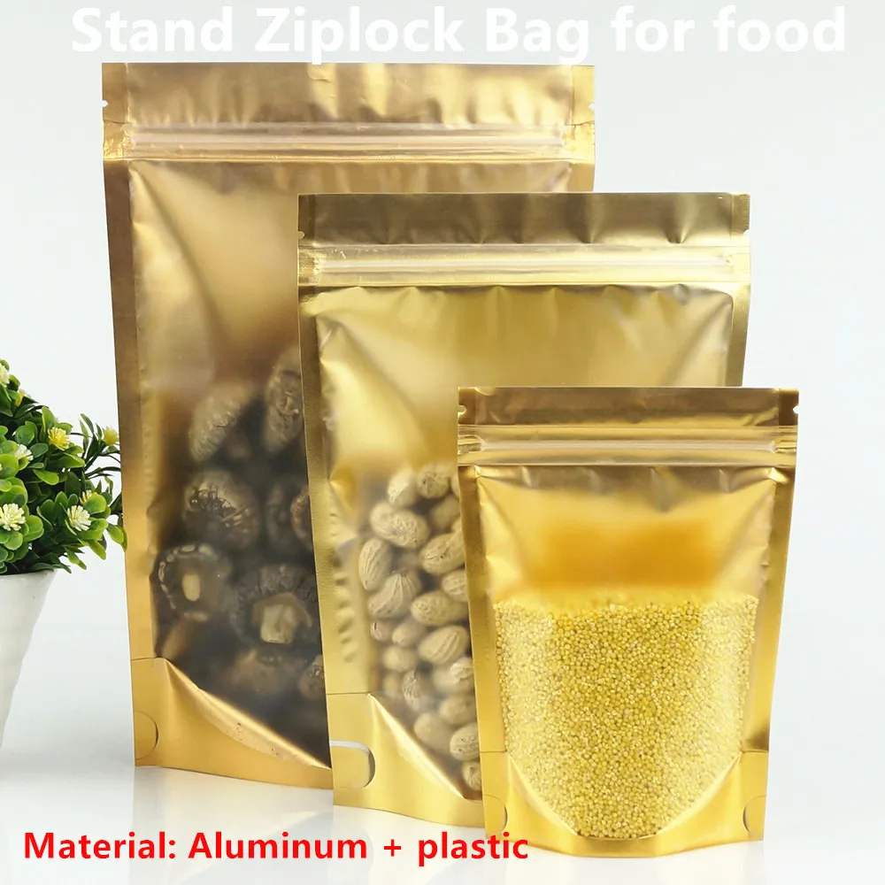 100pcs Inner Gold Standing Up Aluminum Foil Zip Lock Bags with One Side Matte Clear - Zipper Reusable Food Grade Packing Pouches