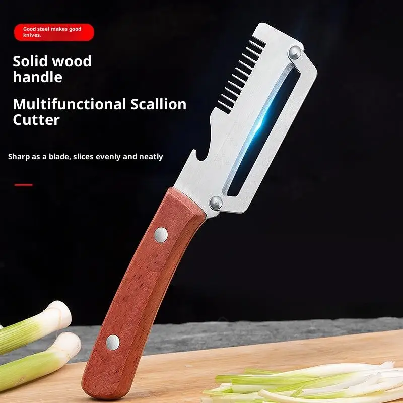 Multifunctional Stainless Steel Peeler With Wooden Handle,3-in-1 Scallion Shredder Fruit Peeler Bottle Opener For Kitchen