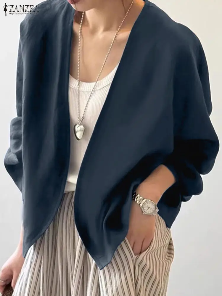 

ZANZEA Linen Cotton Coats Women Autumn Cardigan Long Sleeve Outwear 2025 Fashion V Neck Suits Thin Loose Casual Solid Coats