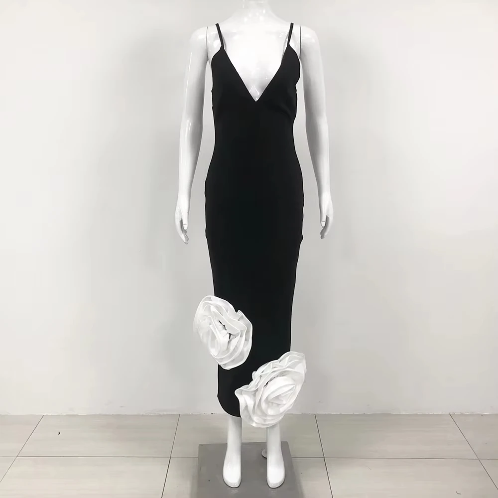 Nova moda feminina sexy sem mangas alças espaguete flor 3d bandagem longa elegante vestidos de festa de celebridades