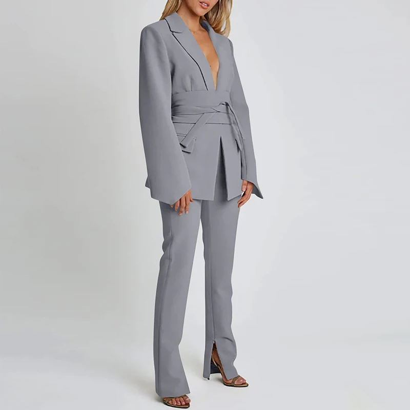 Lady Elegant Blazer Sets Spring Turn-down Collar Jacket& Straight Pants Outfits Autumn Long Sleeve Women Office Suit Commuter