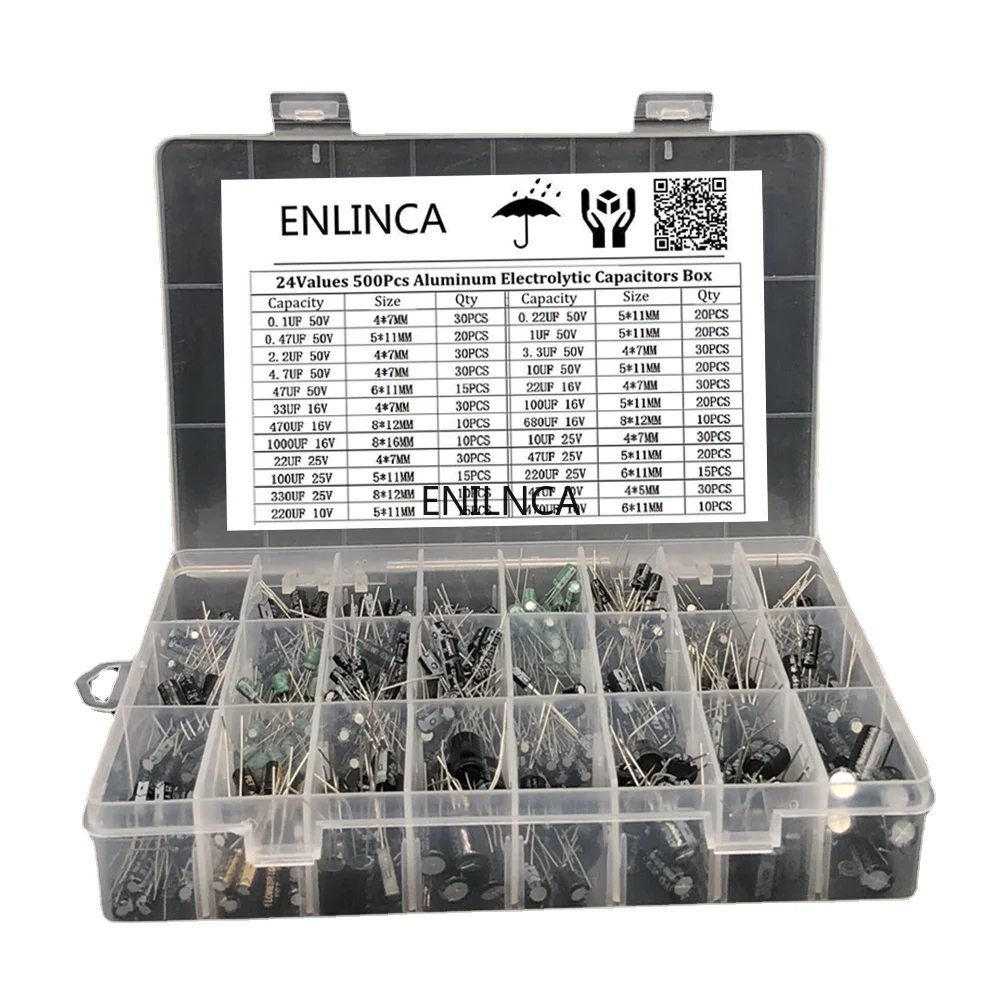 510Pcs/lot 0.1UF-1000UF 24Values Aluminum Electrolytic Capacitors 16-50V mix Electrolytic capacitor Assorted kit and storage box