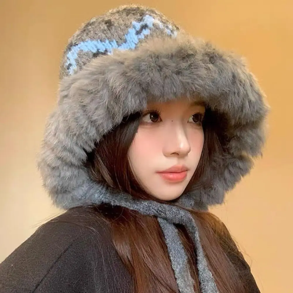 

Casual Ethnic Style Knitted Plush Hat Thicken Windproof Faux Fur Lei Feng Hat Warm Retro Warm Hat Girls
