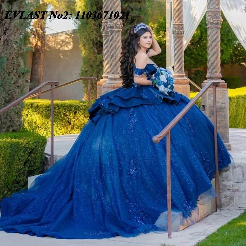 

EVLAST индивидуальное блестящее темно-синее платье Quinceanera, бальное платье с кружевной аппликацией и кристаллами из бисера, Sweet 16, Vestidos 15 Anos E2QA238